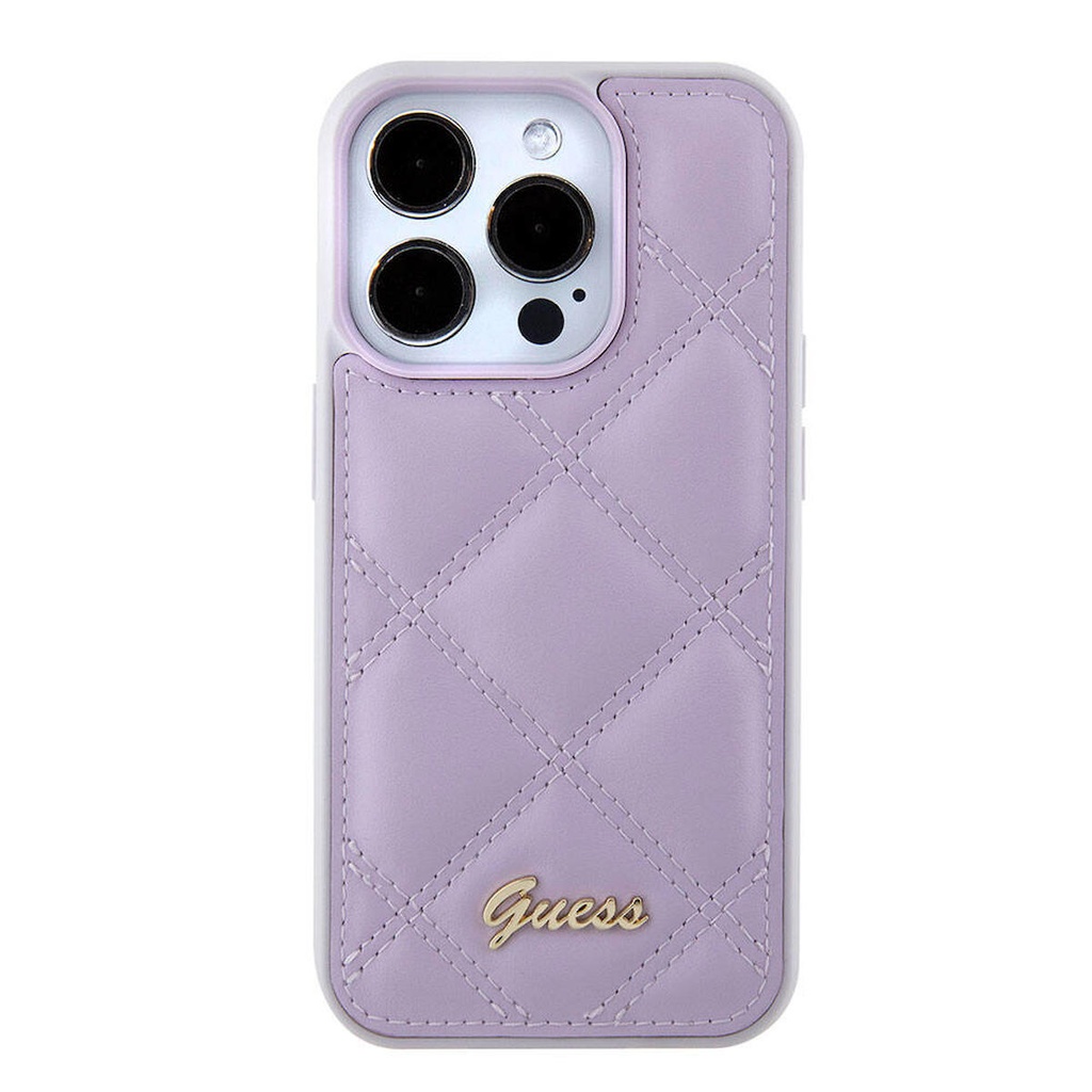 Apple iPhone 15 Pro Uyumlu Kılıf Guess Orjinal Lisanslı PU Deri Metal Yazı Logolu Kapitone Kapak