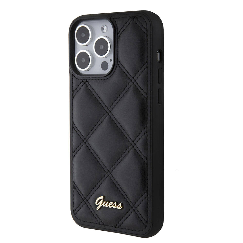 Apple iPhone 15 Pro Max Uyumlu Kılıf Guess Orjinal Lisanslı PU Deri Metal Yazı Logolu Kapitone Kapak - 8