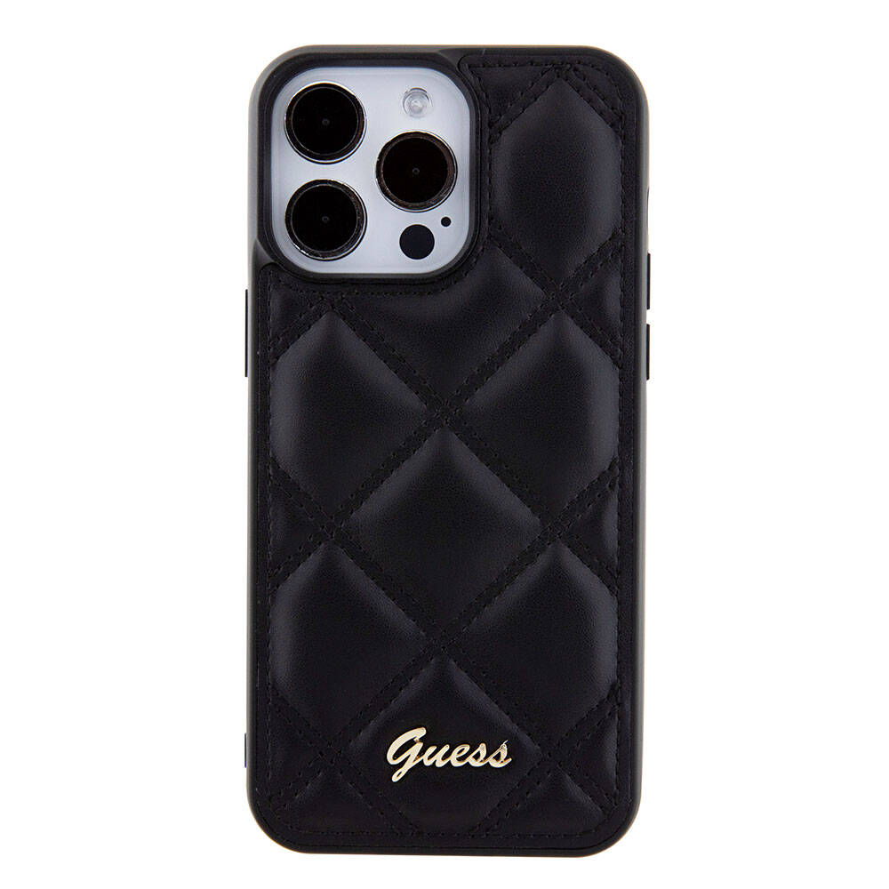 Apple iPhone 15 Pro Max Uyumlu Kılıf Guess Orjinal Lisanslı PU Deri Metal Yazı Logolu Kapitone Kapak - 9