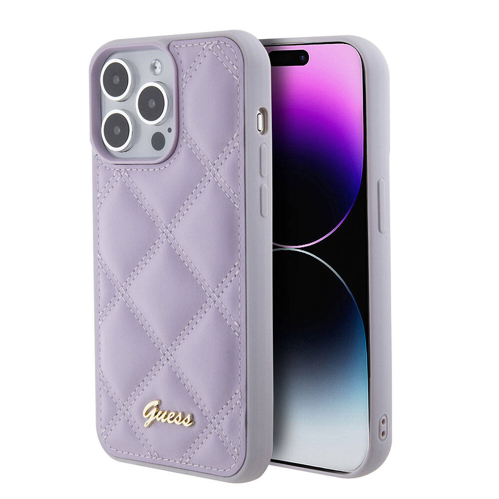 Apple iPhone 15 Pro Max Uyumlu Kılıf Guess Orjinal Lisanslı PU Deri Metal Yazı Logolu Kapitone Kapak - 14
