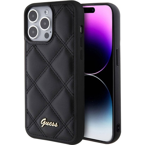 Apple iPhone 15 Pro Max Uyumlu Kılıf Guess Orjinal Lisanslı PU Deri Metal Yazı Logolu Kapitone Kapak
