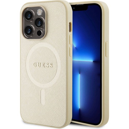 Apple iPhone 15 Pro Uyumlu Kılıf Guess Orjinal Lisanslı Magsafe Şarj Özellikli Yazı Logolu Saffiano Kapak