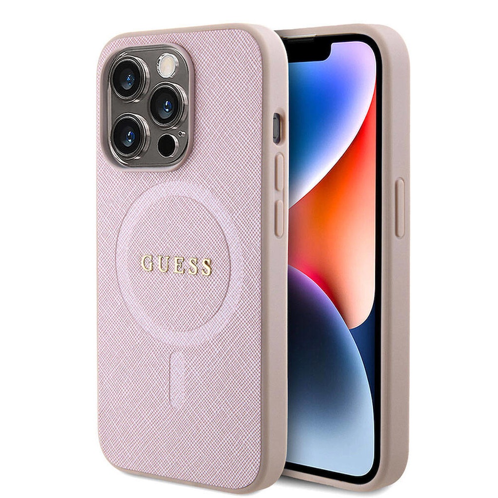 Apple iPhone 15 Pro Uyumlu Kılıf Guess Orjinal Lisanslı Magsafe Şarj Özellikli Yazı Logolu Saffiano Kapak