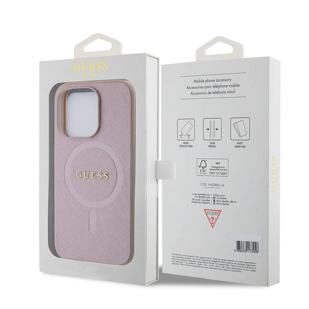 Apple iPhone 15 Pro Uyumlu Kılıf Guess Orjinal Lisanslı Magsafe Şarj Özellikli Yazı Logolu Saffiano Kapak