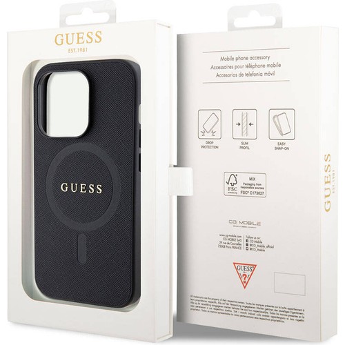 Apple iPhone 15 Pro Max Uyumlu Kılıf Guess Orjinal Lisanslı Magsafe Şarj Özellikli Yazı Logolu Saffiano Kapak