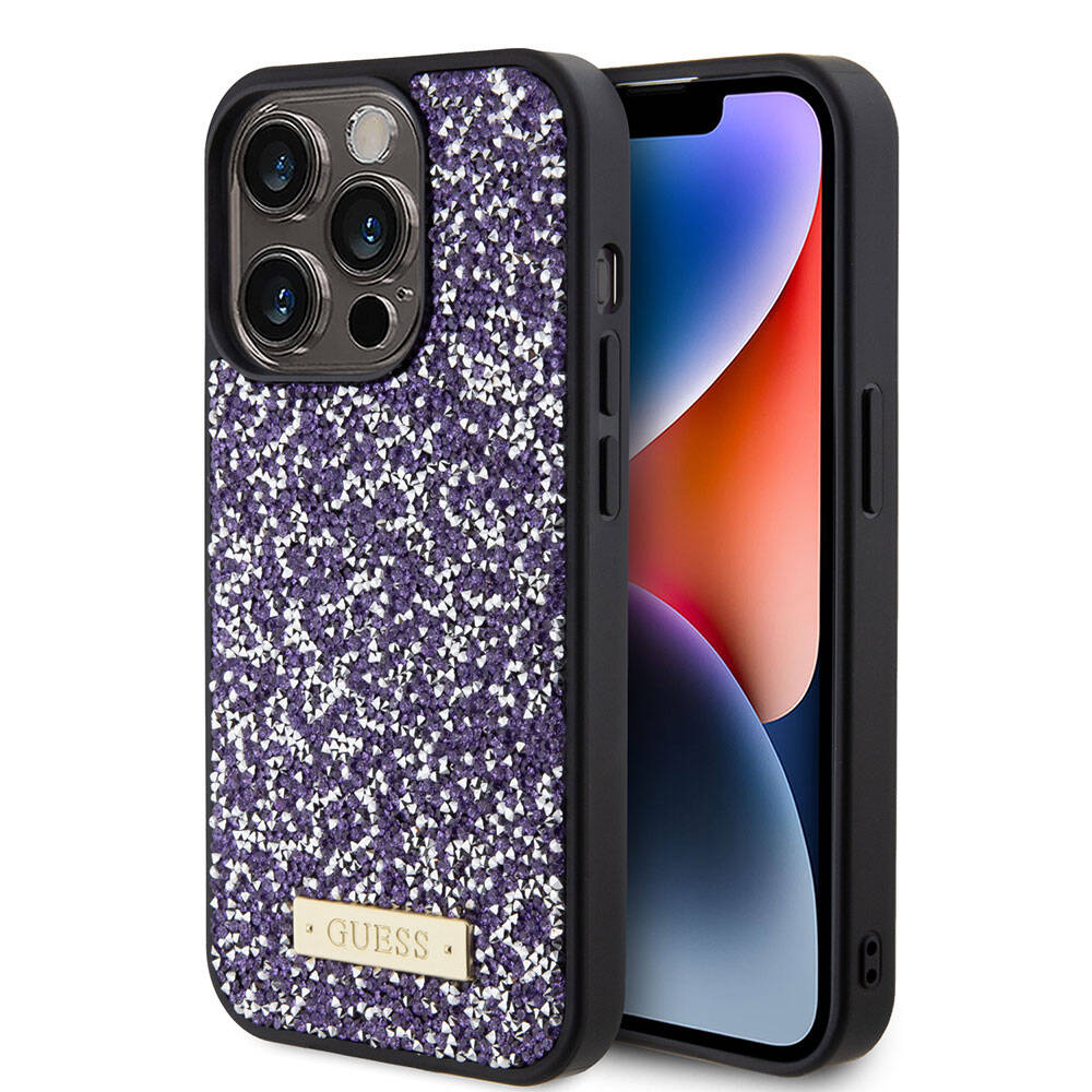 Apple iPhone 15 Pro Uyumlu Kılıf Guess Orjinal Lisanslı Taşlı Arka Yüzey Metal Yazı Logolu Kapak - 7