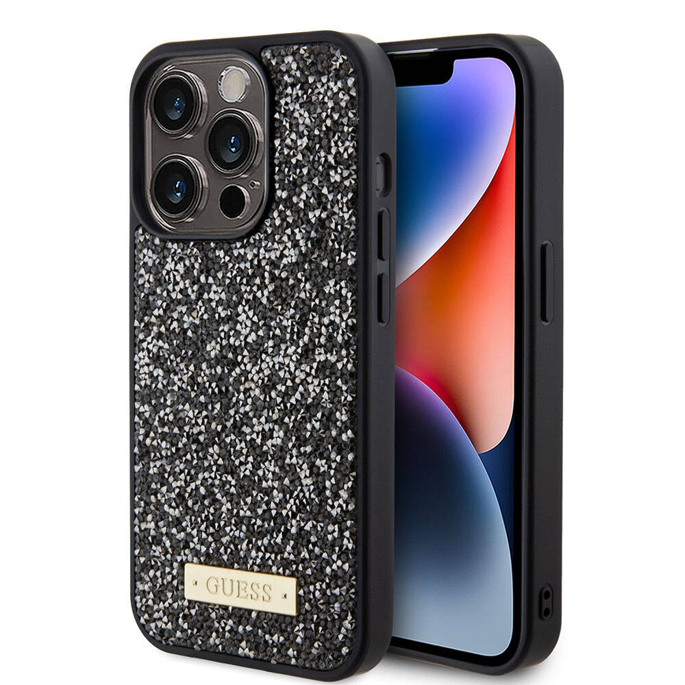 Apple iPhone 15 Pro Uyumlu Kılıf Guess Orjinal Lisanslı Taşlı Arka Yüzey Metal Yazı Logolu Kapak - 8