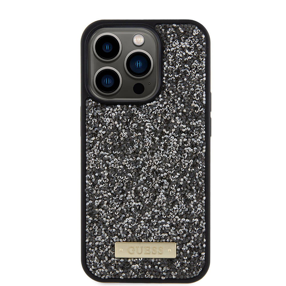 Apple iPhone 15 Pro Uyumlu Kılıf Guess Orjinal Lisanslı Taşlı Arka Yüzey Metal Yazı Logolu Kapak - 11