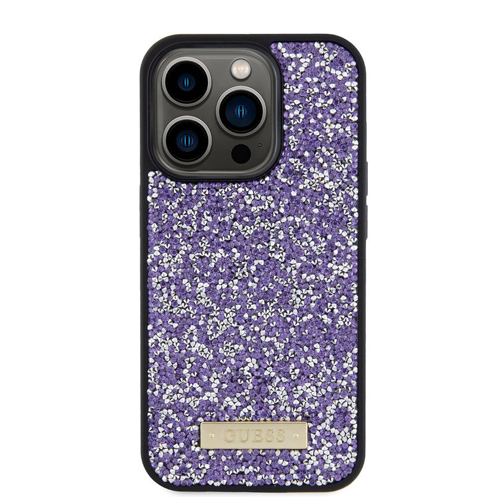 Apple iPhone 15 Pro Uyumlu Kılıf Guess Orjinal Lisanslı Taşlı Arka Yüzey Metal Yazı Logolu Kapak - 12