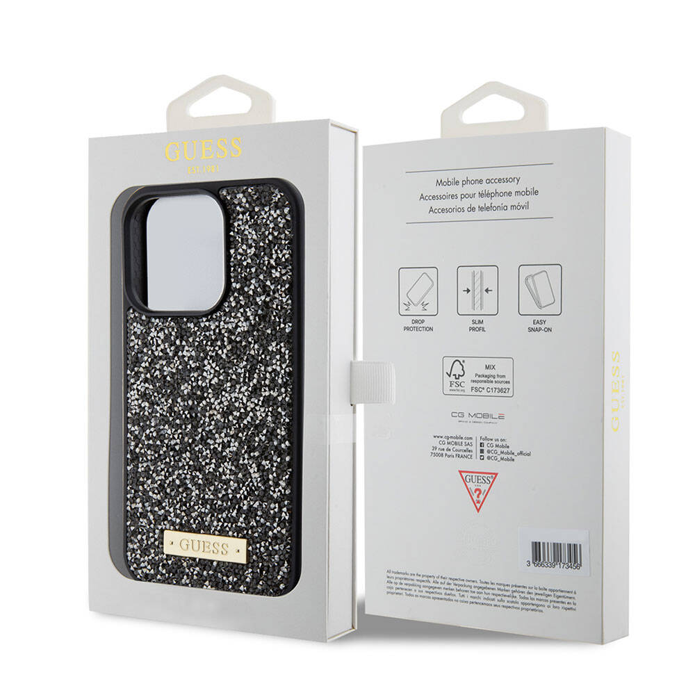 Apple iPhone 15 Pro Uyumlu Kılıf Guess Orjinal Lisanslı Taşlı Arka Yüzey Metal Yazı Logolu Kapak - 19