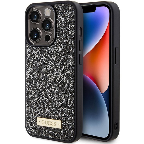 Apple iPhone 15 Pro Uyumlu Kılıf Guess Orjinal Lisanslı Taşlı Arka Yüzey Metal Yazı Logolu Kapak