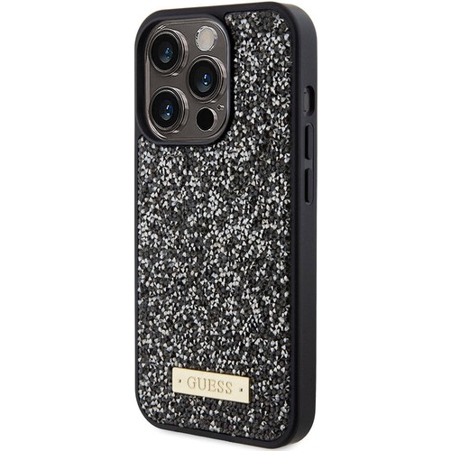 Apple iPhone 15 Pro Uyumlu Kılıf Guess Orjinal Lisanslı Taşlı Arka Yüzey Metal Yazı Logolu Kapak