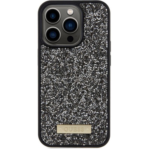 Apple iPhone 15 Pro Uyumlu Kılıf Guess Orjinal Lisanslı Taşlı Arka Yüzey Metal Yazı Logolu Kapak