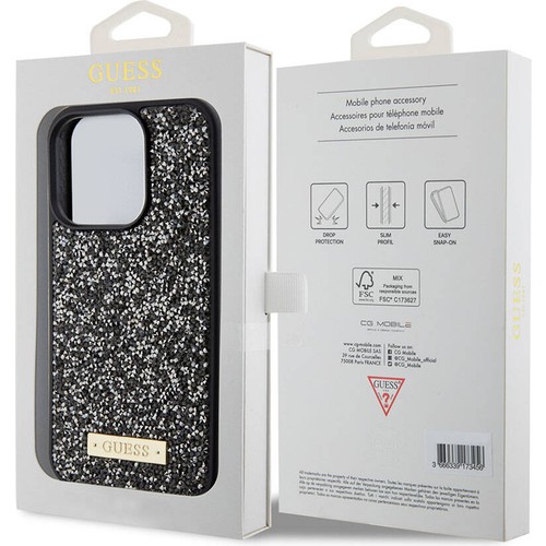 Apple iPhone 15 Pro Uyumlu Kılıf Guess Orjinal Lisanslı Taşlı Arka Yüzey Metal Yazı Logolu Kapak