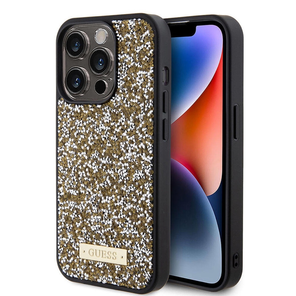 Apple iPhone 15 Pro Uyumlu Kılıf Guess Orjinal Lisanslı Taşlı Arka Yüzey Metal Yazı Logolu Kapak