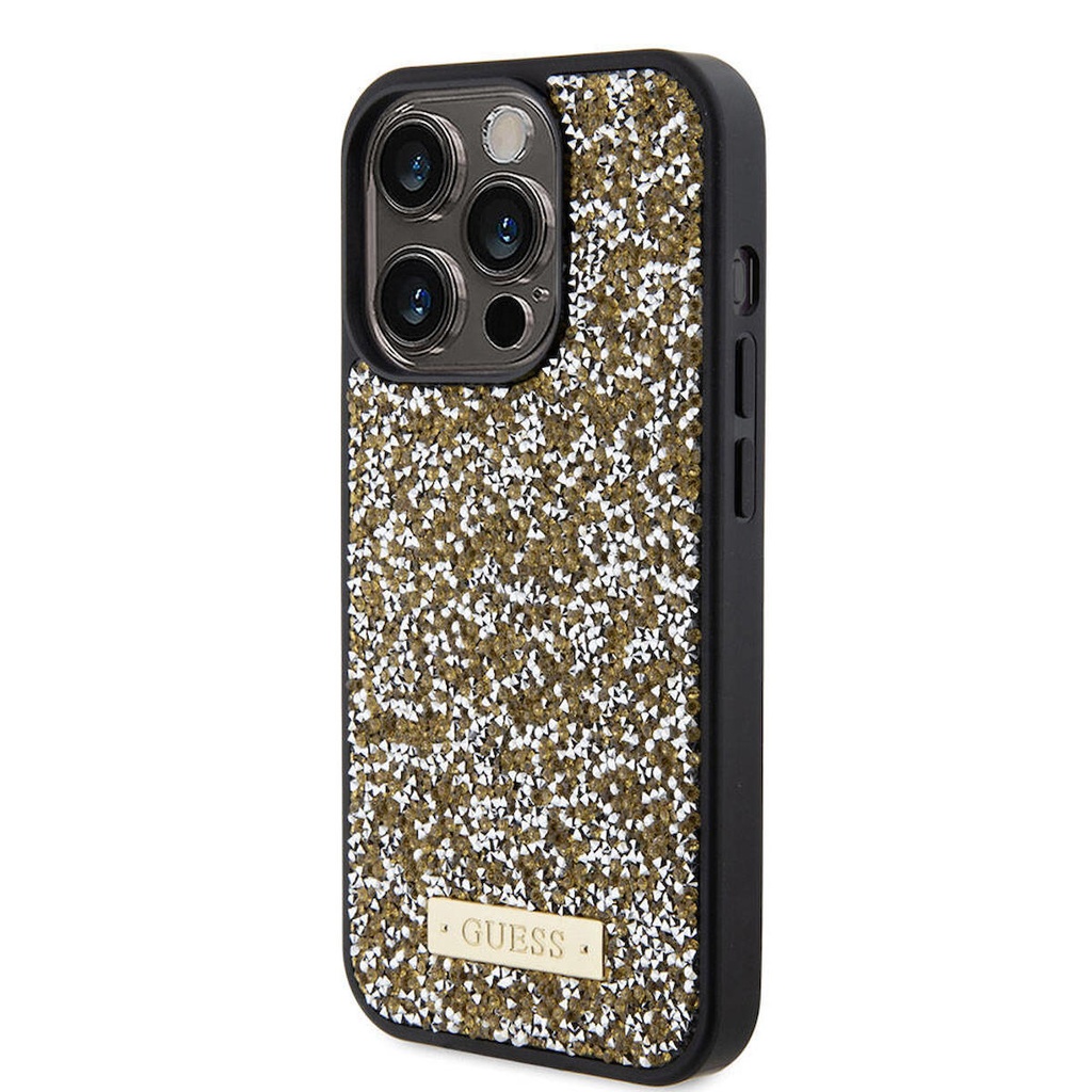 Apple iPhone 15 Pro Uyumlu Kılıf Guess Orjinal Lisanslı Taşlı Arka Yüzey Metal Yazı Logolu Kapak