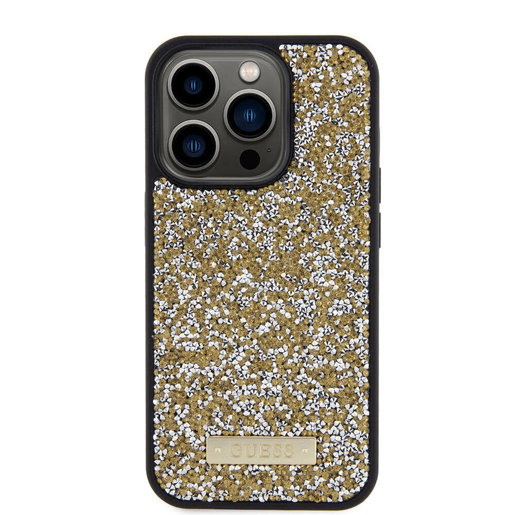 Apple iPhone 15 Pro Uyumlu Kılıf Guess Orjinal Lisanslı Taşlı Arka Yüzey Metal Yazı Logolu Kapak