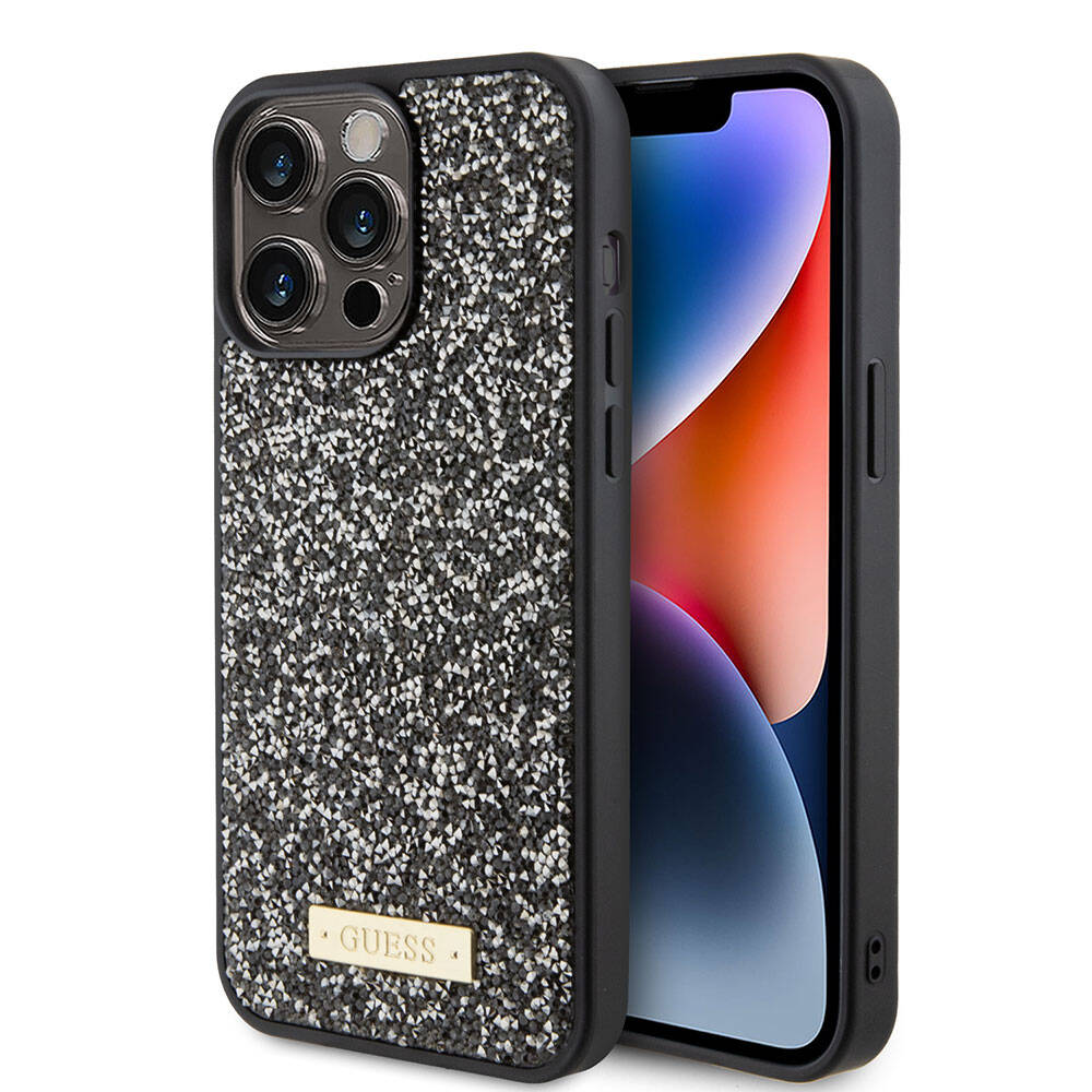 Apple iPhone 15 Pro Max Uyumlu Kılıf Guess Orjinal Lisanslı Taşlı Arka Yüzey Metal Yazı Logolu Kapak - 7