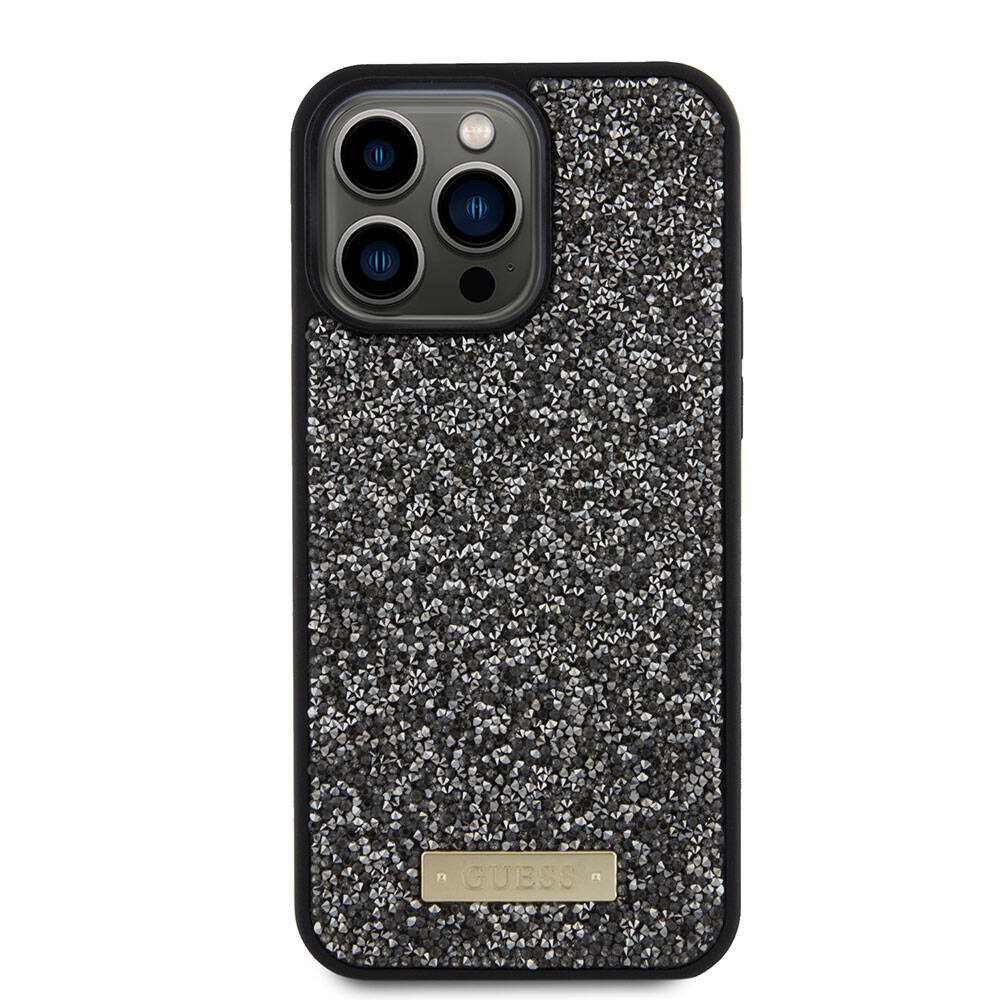 Apple iPhone 15 Pro Max Uyumlu Kılıf Guess Orjinal Lisanslı Taşlı Arka Yüzey Metal Yazı Logolu Kapak - 9