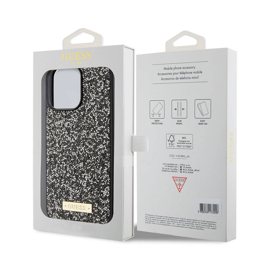 Apple iPhone 15 Pro Max Uyumlu Kılıf Guess Orjinal Lisanslı Taşlı Arka Yüzey Metal Yazı Logolu Kapak - 13