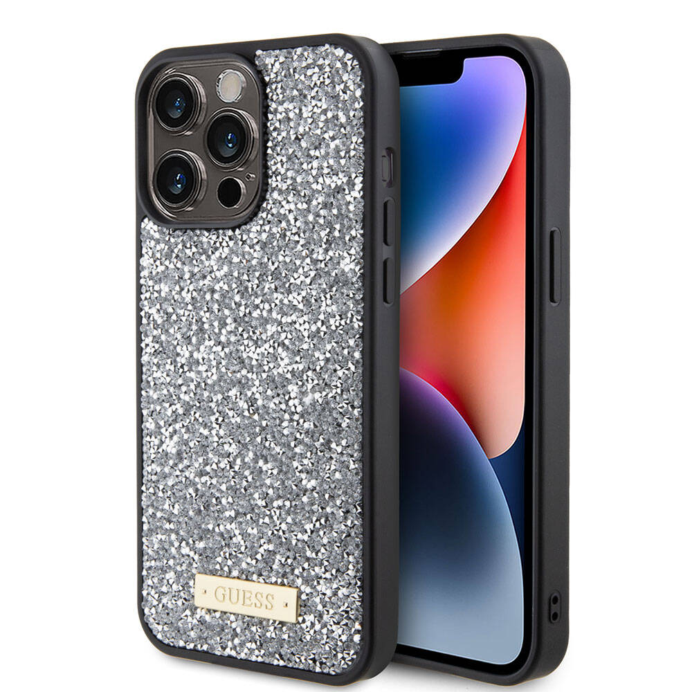 Apple iPhone 15 Pro Max Uyumlu Kılıf Guess Orjinal Lisanslı Taşlı Arka Yüzey Metal Yazı Logolu Kapak - 14