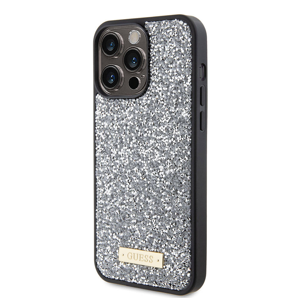 Apple iPhone 15 Pro Max Uyumlu Kılıf Guess Orjinal Lisanslı Taşlı Arka Yüzey Metal Yazı Logolu Kapak - 15