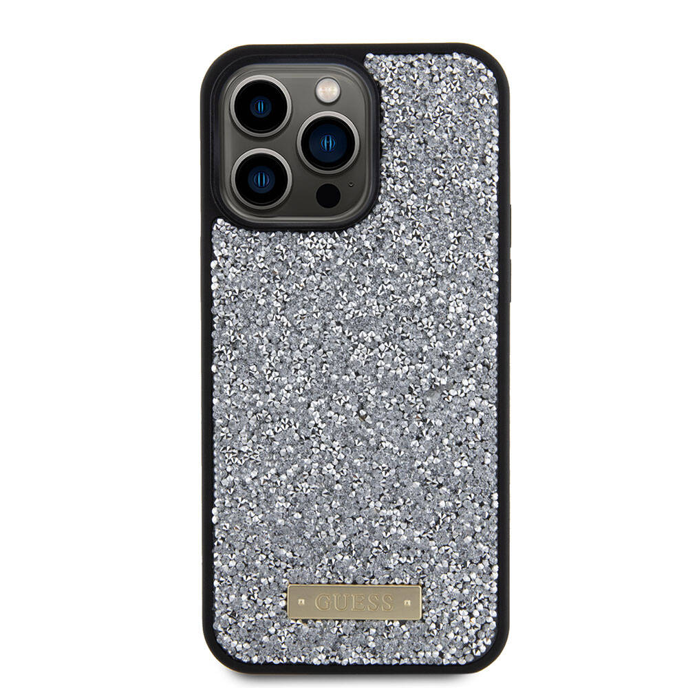 Apple iPhone 15 Pro Max Uyumlu Kılıf Guess Orjinal Lisanslı Taşlı Arka Yüzey Metal Yazı Logolu Kapak - 16