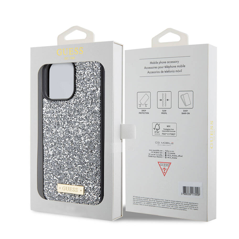 Apple iPhone 15 Pro Max Uyumlu Kılıf Guess Orjinal Lisanslı Taşlı Arka Yüzey Metal Yazı Logolu Kapak - 19