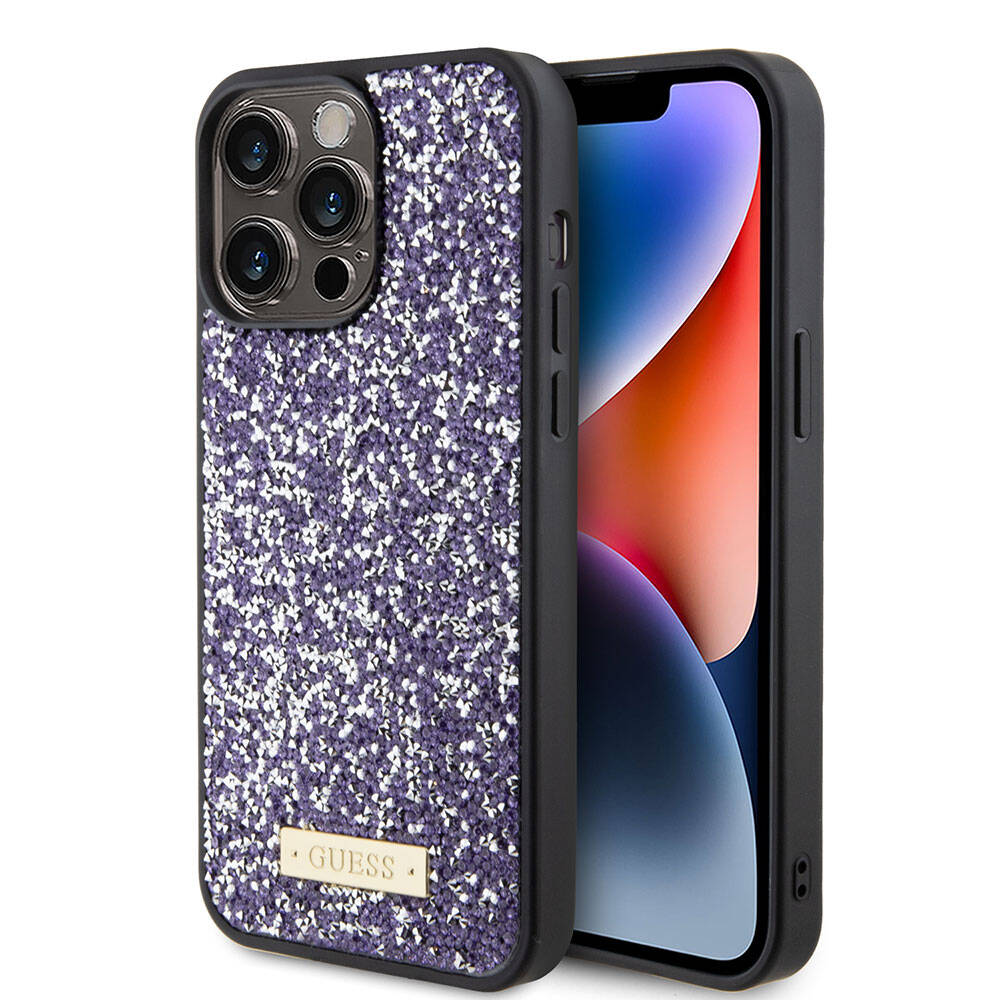 Apple iPhone 15 Pro Max Uyumlu Kılıf Guess Orjinal Lisanslı Taşlı Arka Yüzey Metal Yazı Logolu Kapak - 21