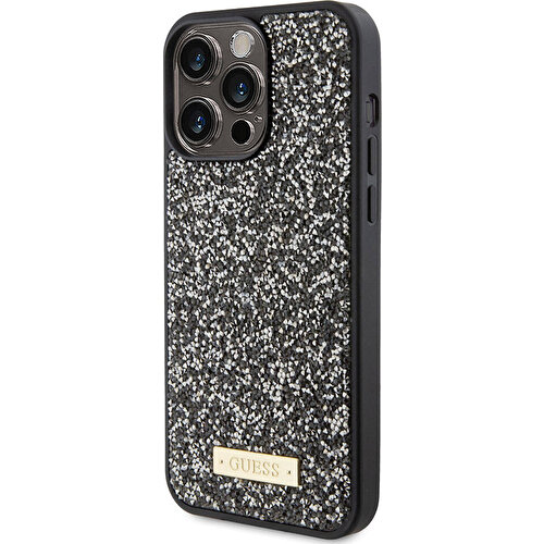 Apple iPhone 15 Pro Max Uyumlu Kılıf Guess Orjinal Lisanslı Taşlı Arka Yüzey Metal Yazı Logolu Kapak
