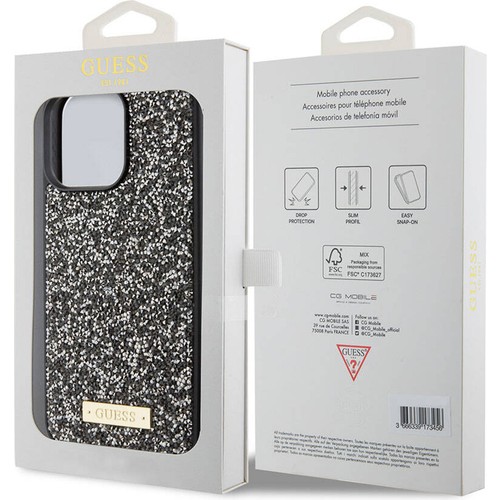 Apple iPhone 15 Pro Max Uyumlu Kılıf Guess Orjinal Lisanslı Taşlı Arka Yüzey Metal Yazı Logolu Kapak
