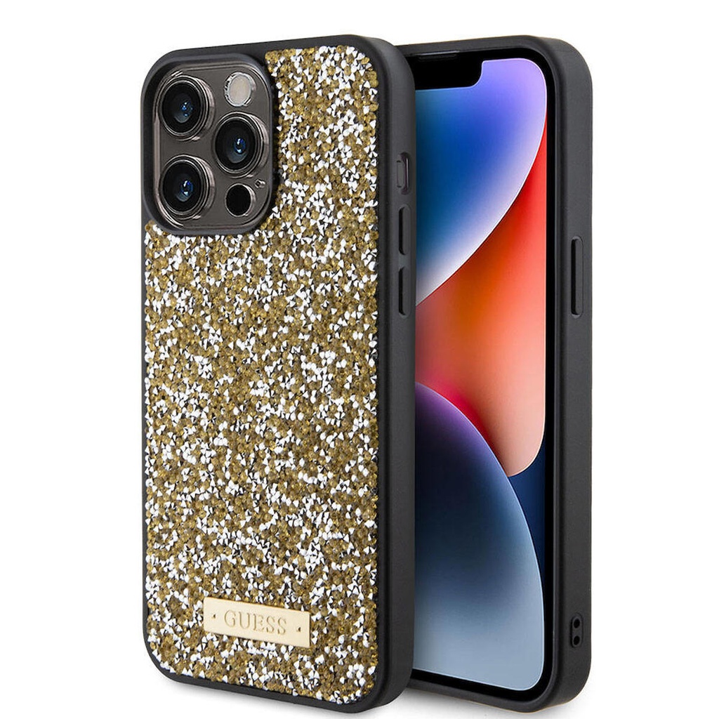 Apple iPhone 15 Pro Max Uyumlu Kılıf Guess Orjinal Lisanslı Taşlı Arka Yüzey Metal Yazı Logolu Kapak
