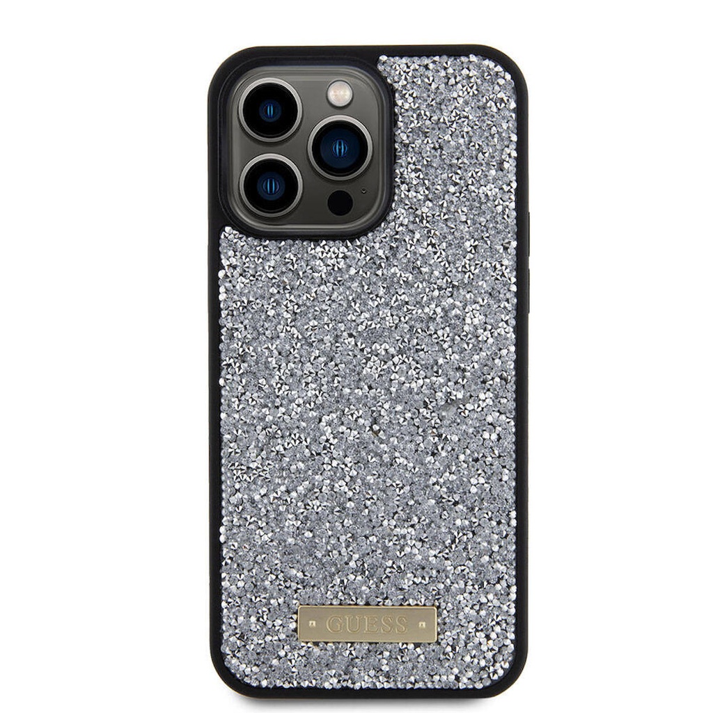 Apple iPhone 15 Pro Max Uyumlu Kılıf Guess Orjinal Lisanslı Taşlı Arka Yüzey Metal Yazı Logolu Kapak