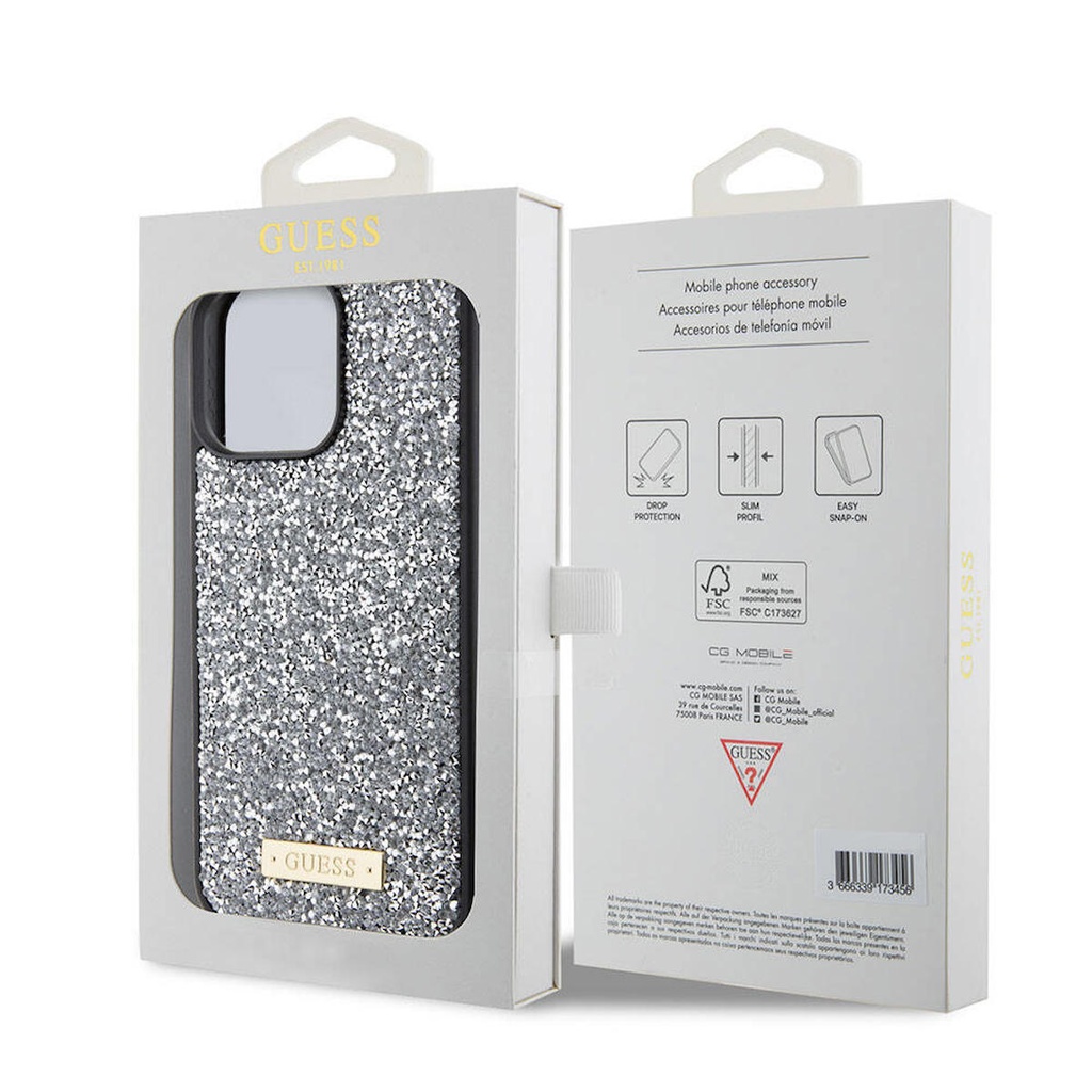 Apple iPhone 15 Pro Max Uyumlu Kılıf Guess Orjinal Lisanslı Taşlı Arka Yüzey Metal Yazı Logolu Kapak