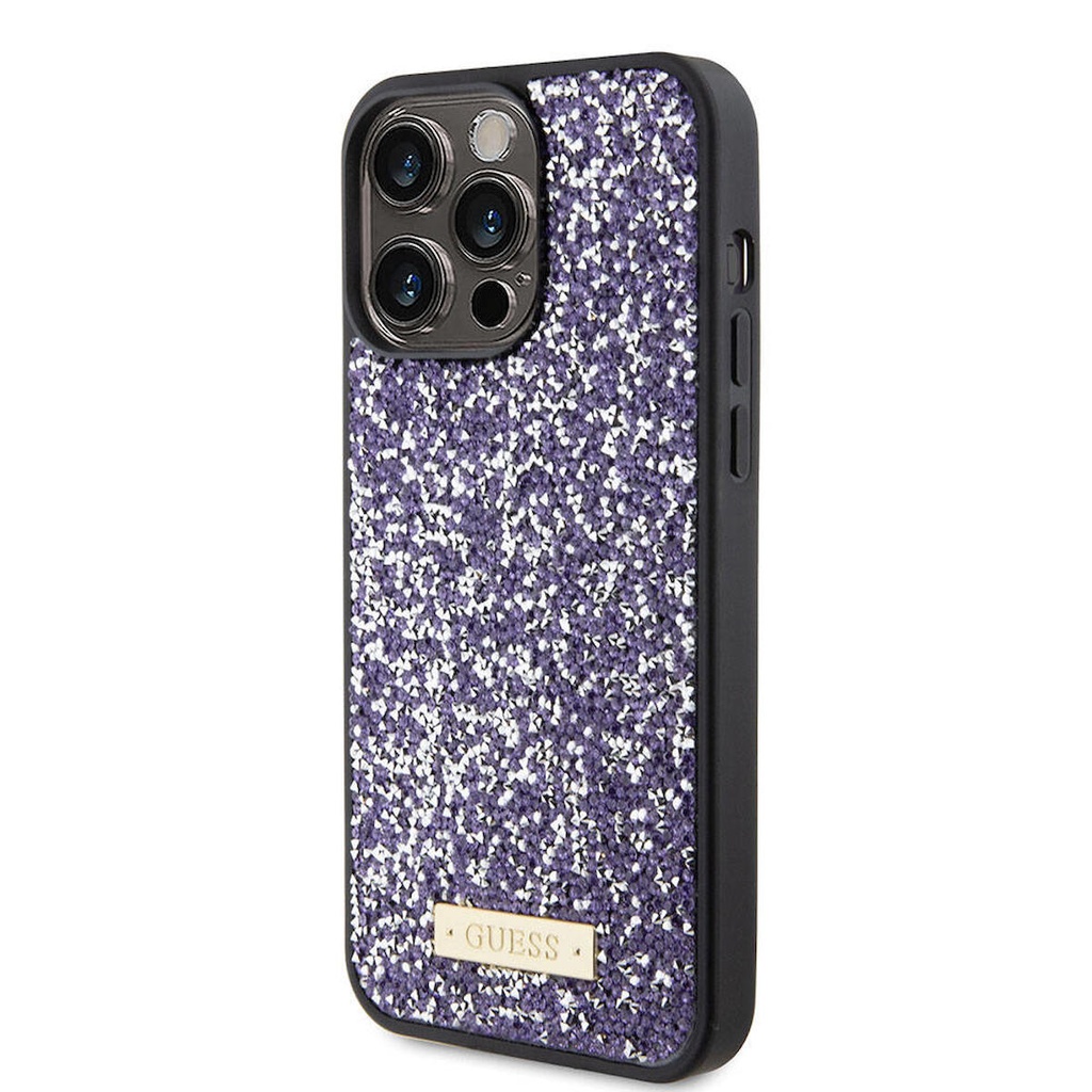 Apple iPhone 15 Pro Max Uyumlu Kılıf Guess Orjinal Lisanslı Taşlı Arka Yüzey Metal Yazı Logolu Kapak