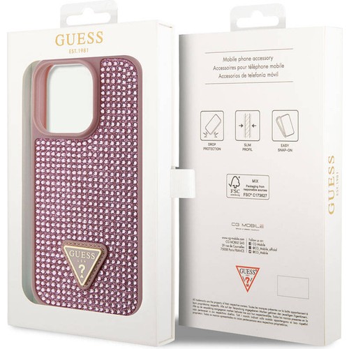 Apple iPhone 15 Pro Uyumlu Kılıf Guess Orjinal Lisanslı Taşlı Arka Yüzey Üçgen Logolu Kapak