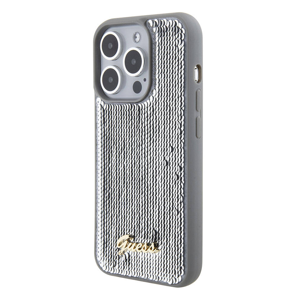 Apple iPhone 15 Pro Uyumlu Kılıf Guess Orjinal Lisanslı Pullu Arka Yüzey Metal Yazı Logolu Sequin Script Kapak - 15