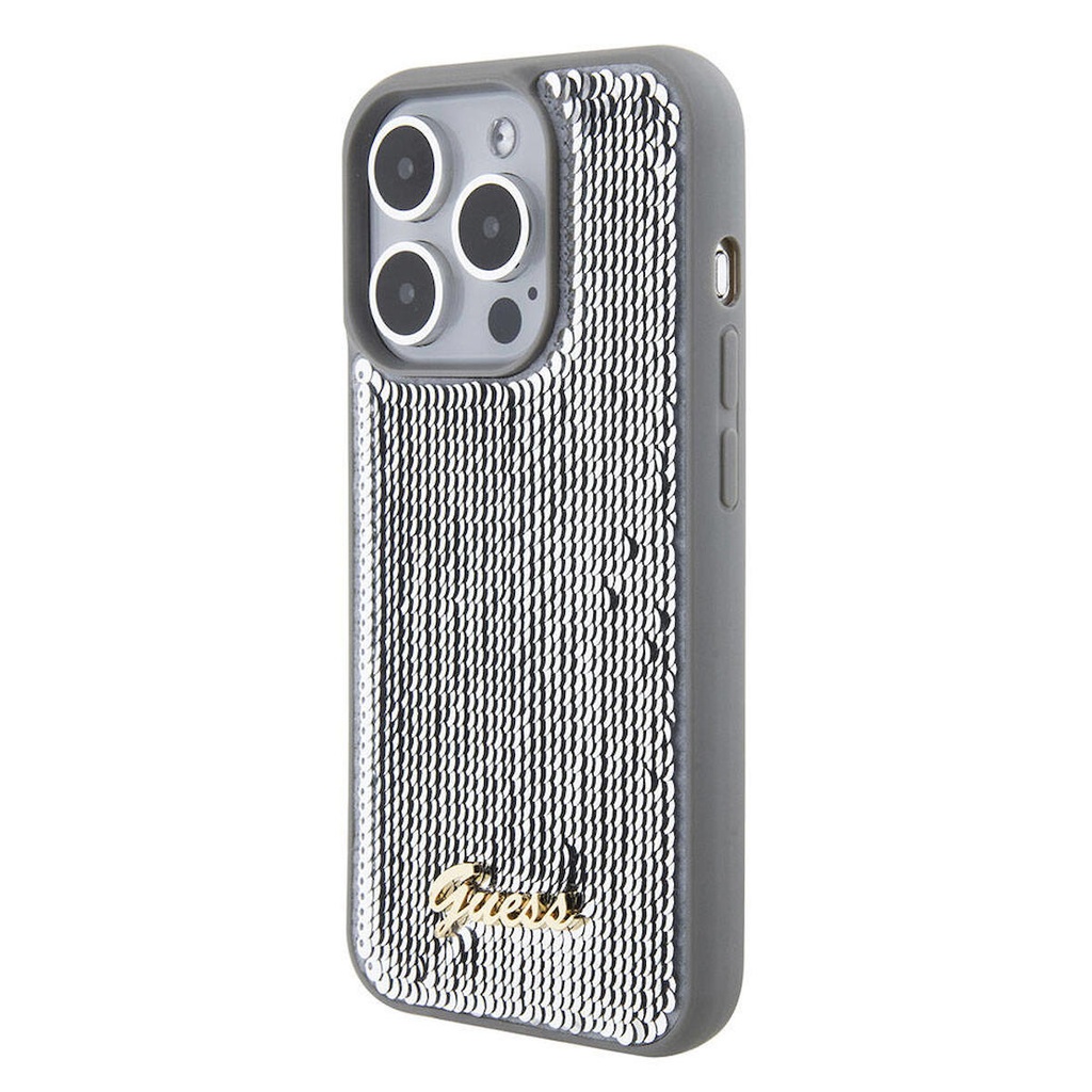 Apple iPhone 15 Pro Uyumlu Kılıf Guess Orjinal Lisanslı Pullu Arka Yüzey Metal Yazı Logolu Sequin Script Kapak
