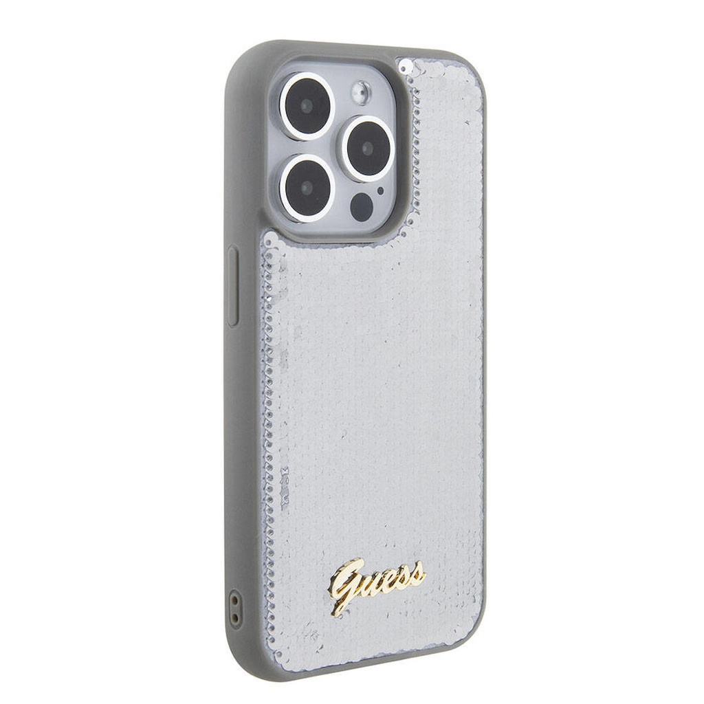 Apple iPhone 15 Pro Uyumlu Kılıf Guess Orjinal Lisanslı Pullu Arka Yüzey Metal Yazı Logolu Sequin Script Kapak