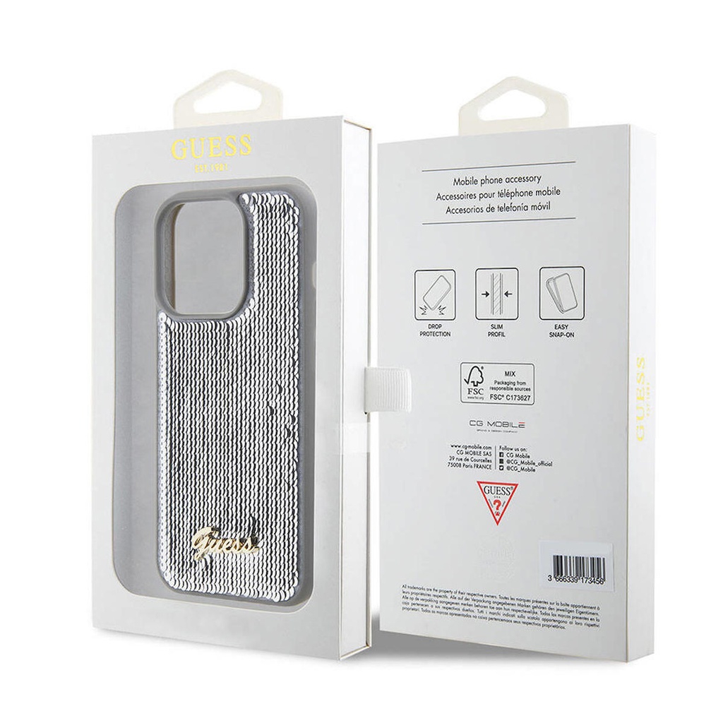 Apple iPhone 15 Pro Uyumlu Kılıf Guess Orjinal Lisanslı Pullu Arka Yüzey Metal Yazı Logolu Sequin Script Kapak