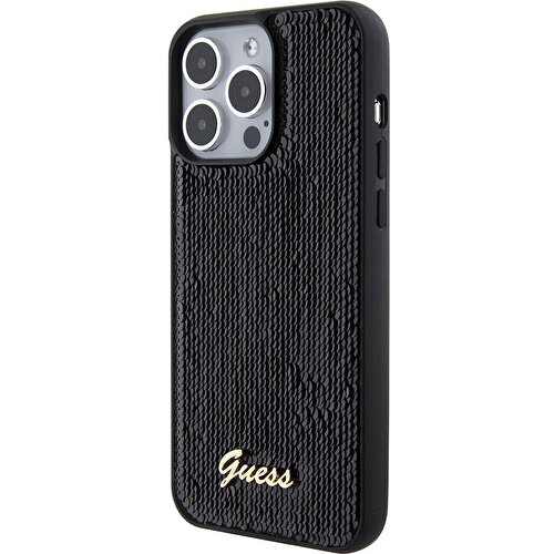 Apple iPhone 15 Pro Max Uyumlu Kılıf Guess Orjinal Lisanslı Pullu Arka Yüzey Metal Yazı Logolu Sequin Script Kapak
