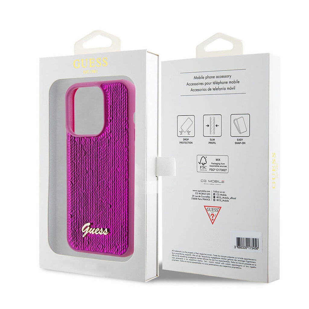Apple iPhone 15 Pro Max Uyumlu Kılıf Guess Orjinal Lisanslı Pullu Arka Yüzey Metal Yazı Logolu Sequin Script Kapak