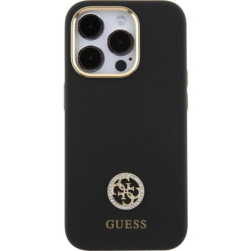 Apple iPhone 15 Pro Max Uyumlu Kılıf Guess Orjinal Lisanslı Yazı ve Taşlı 4G Logolu Metal Kamera Çerçeveli Silikon Kapak
