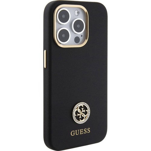 Apple iPhone 15 Pro Max Uyumlu Kılıf Guess Orjinal Lisanslı Yazı ve Taşlı 4G Logolu Metal Kamera Çerçeveli Silikon Kapak