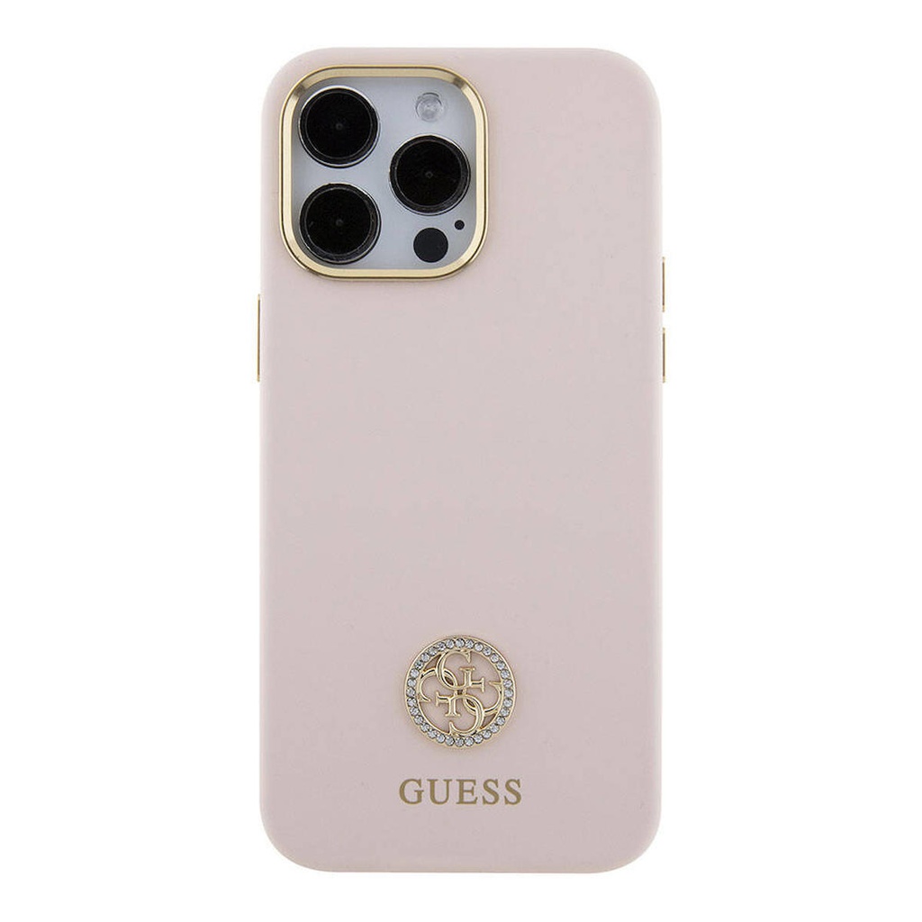 Apple iPhone 15 Pro Max Uyumlu Kılıf Guess Orjinal Lisanslı Yazı ve Taşlı 4G Logolu Metal Kamera Çerçeveli Silikon Kapak