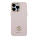 Apple iPhone 15 Pro Max Uyumlu Kılıf Guess Orjinal Lisanslı Yazı ve Taşlı 4G Logolu Metal Kamera Çerçeveli Silikon Kapak
