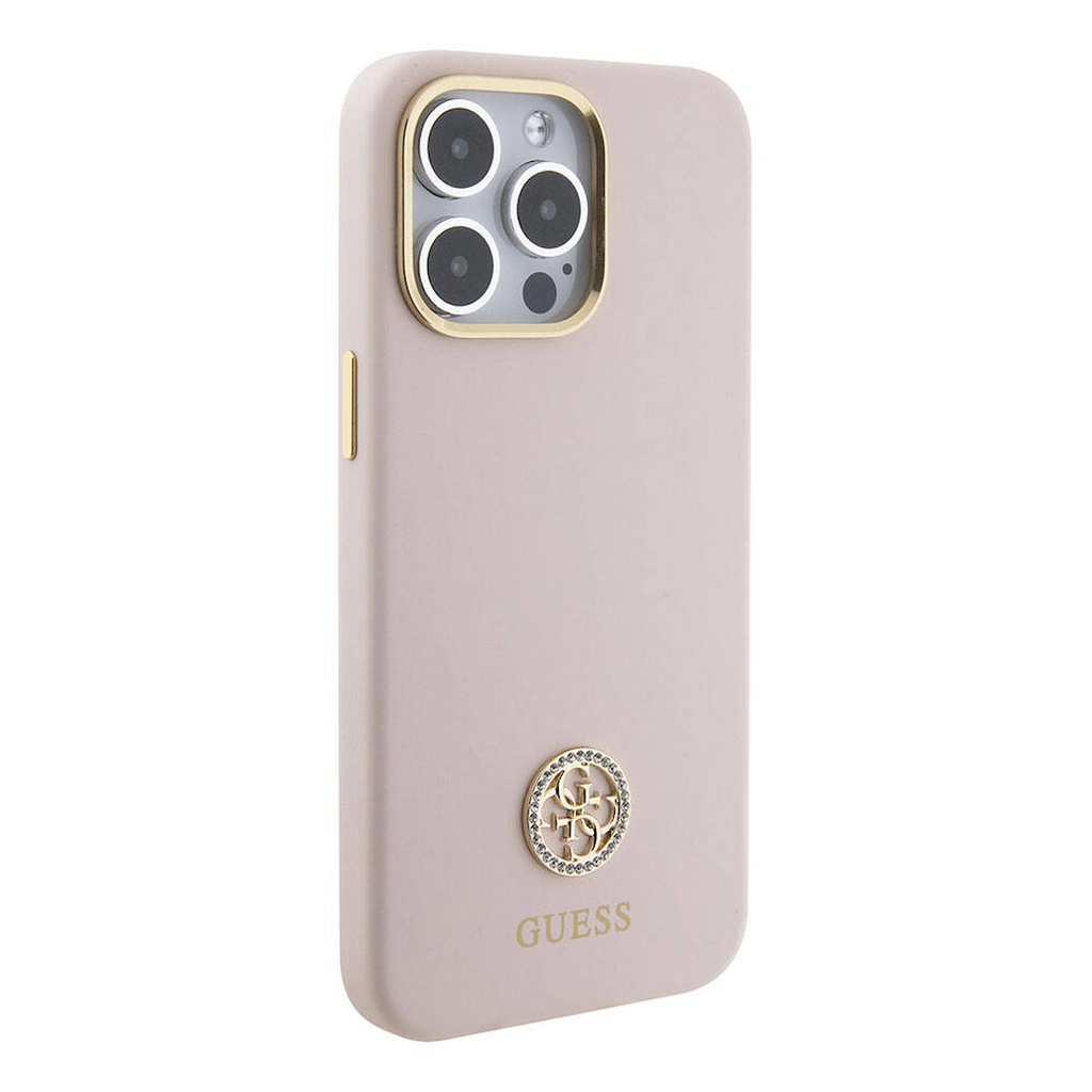 Apple iPhone 15 Pro Max Uyumlu Kılıf Guess Orjinal Lisanslı Yazı ve Taşlı 4G Logolu Metal Kamera Çerçeveli Silikon Kapak