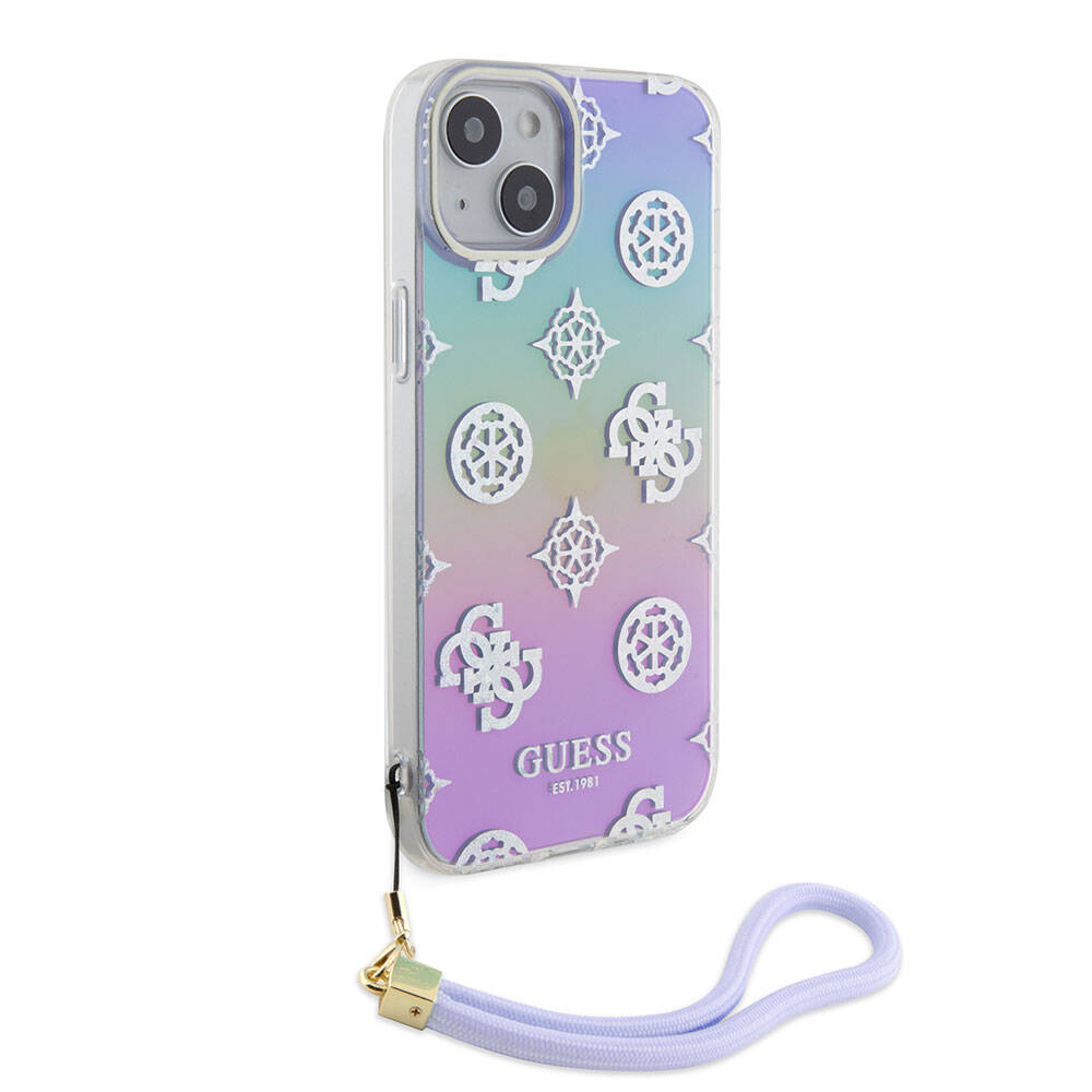Apple iPhone 15 Uyumlu Kılıf Guess Orjinal Lisanslı Desenli Yazı Logolu Askı İpli Holografik Glitter Peony Kapak - 19