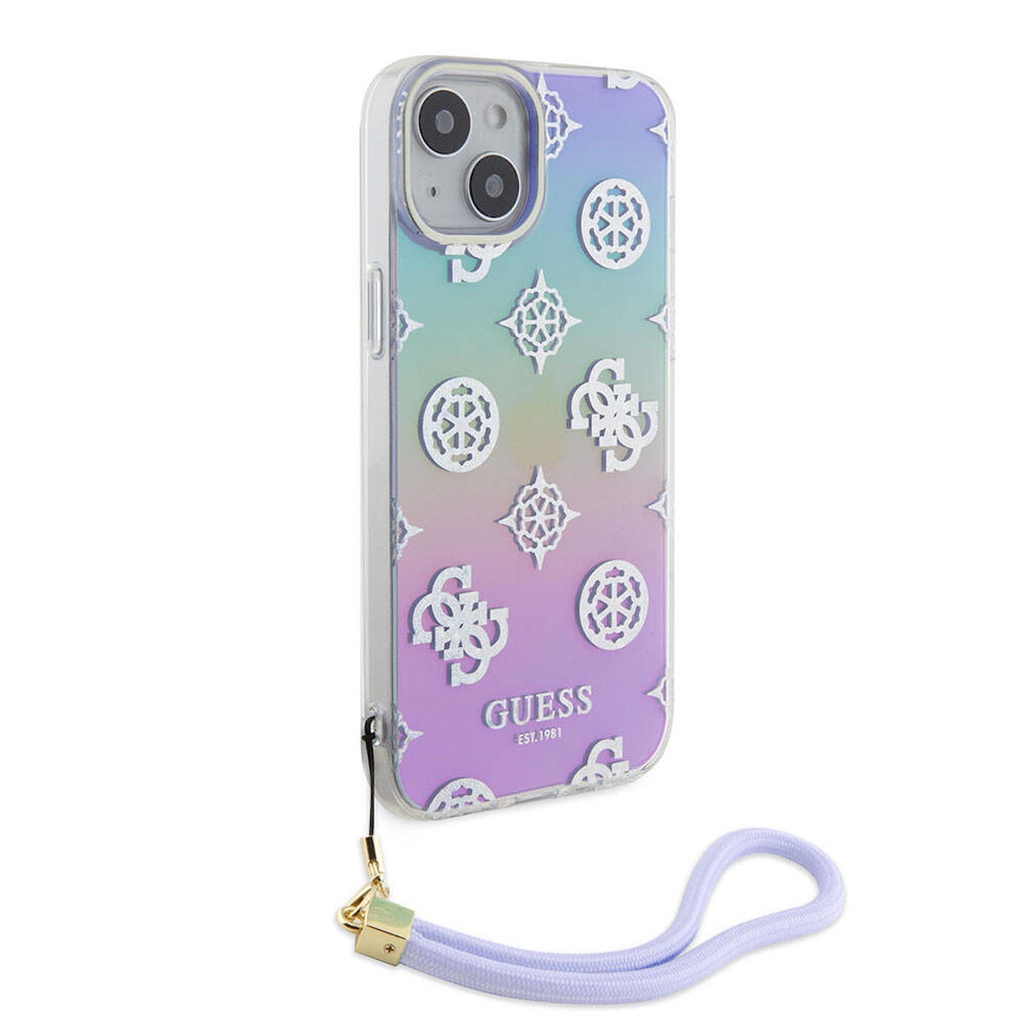 Apple iPhone 15 Uyumlu Kılıf Guess Orjinal Lisanslı Desenli Yazı Logolu Askı İpli Holografik Glitter Peony Kapak