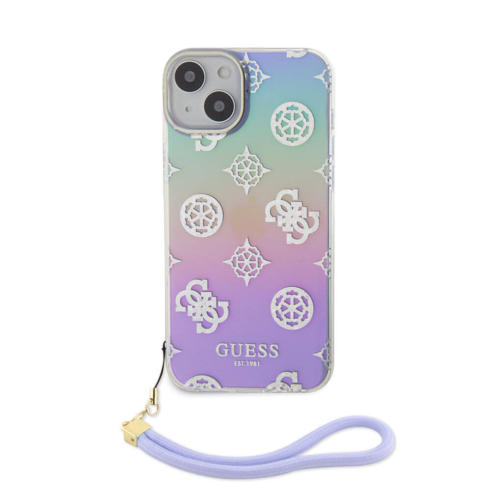 Apple iPhone 15 Plus Uyumlu Kılıf Guess Orjinal Lisanslı Desenli Yazı Logolu Askı İpli Holografik Glitter Peony Kapak - 1